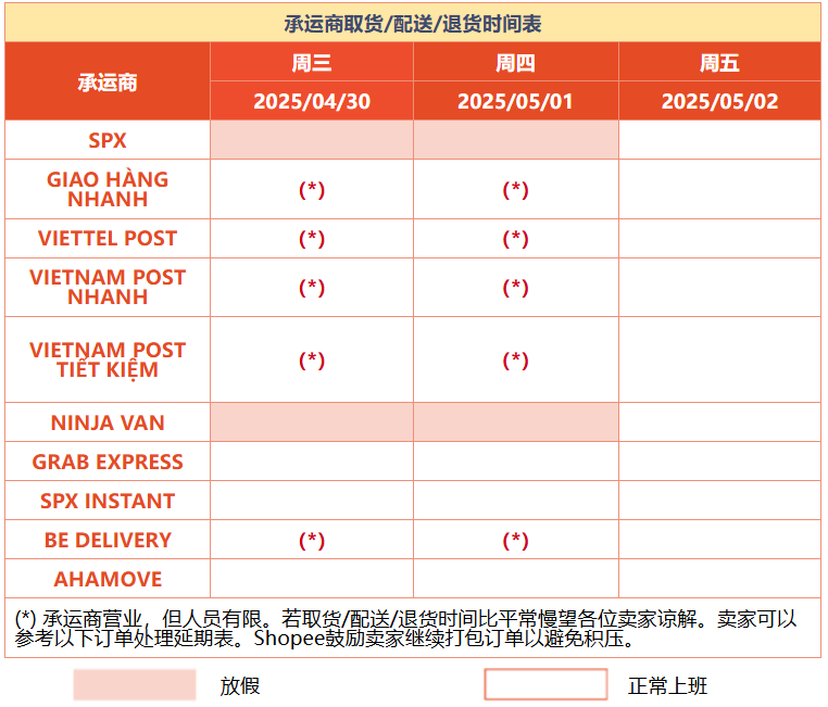 Shopee及承运商4月30日至5月1日假期工作安排 - 越南站点